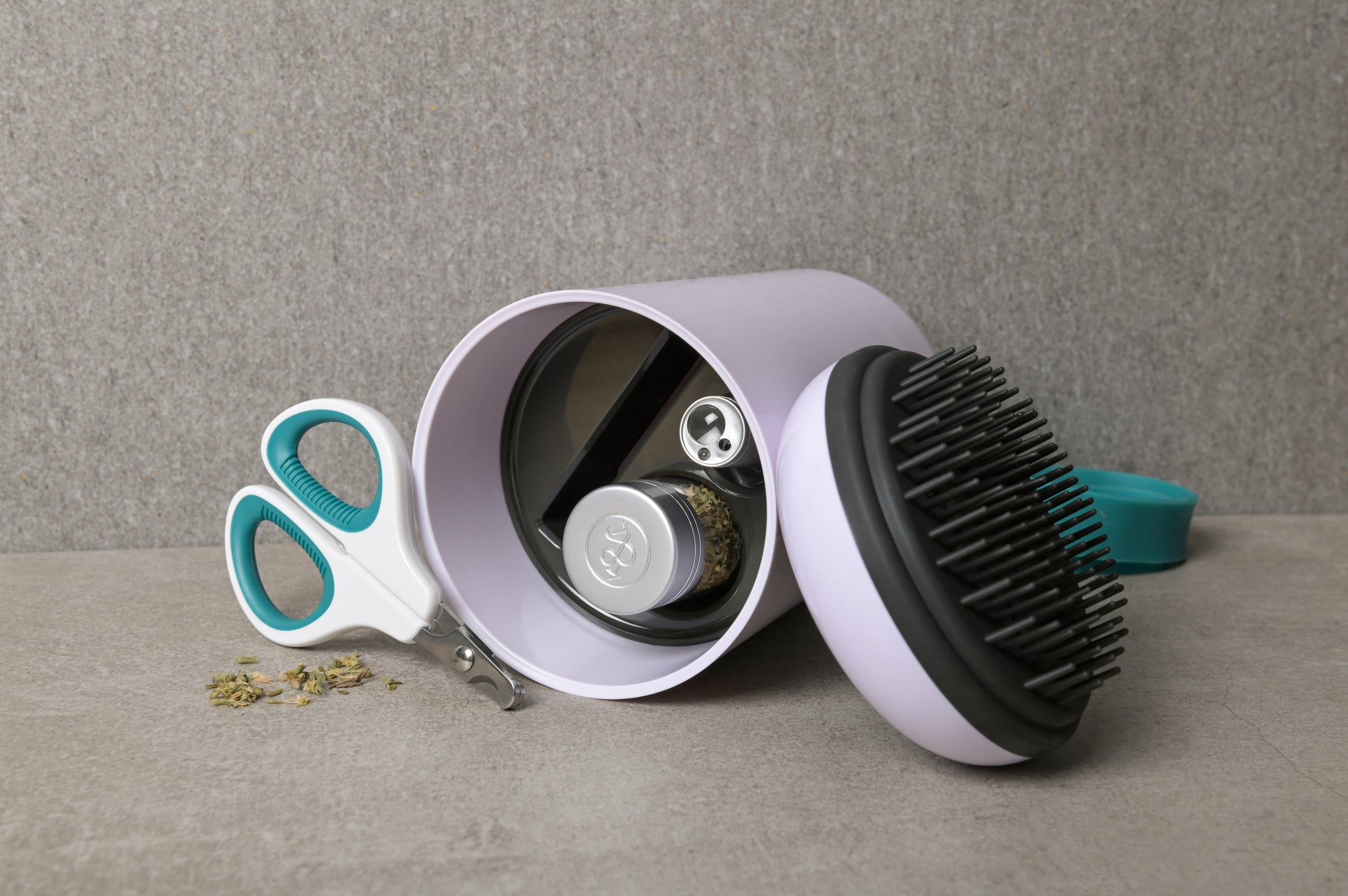 The BrushPod by Kuba & Leia. Catnip infused cat brush, catnip, laser toy and claw clippers